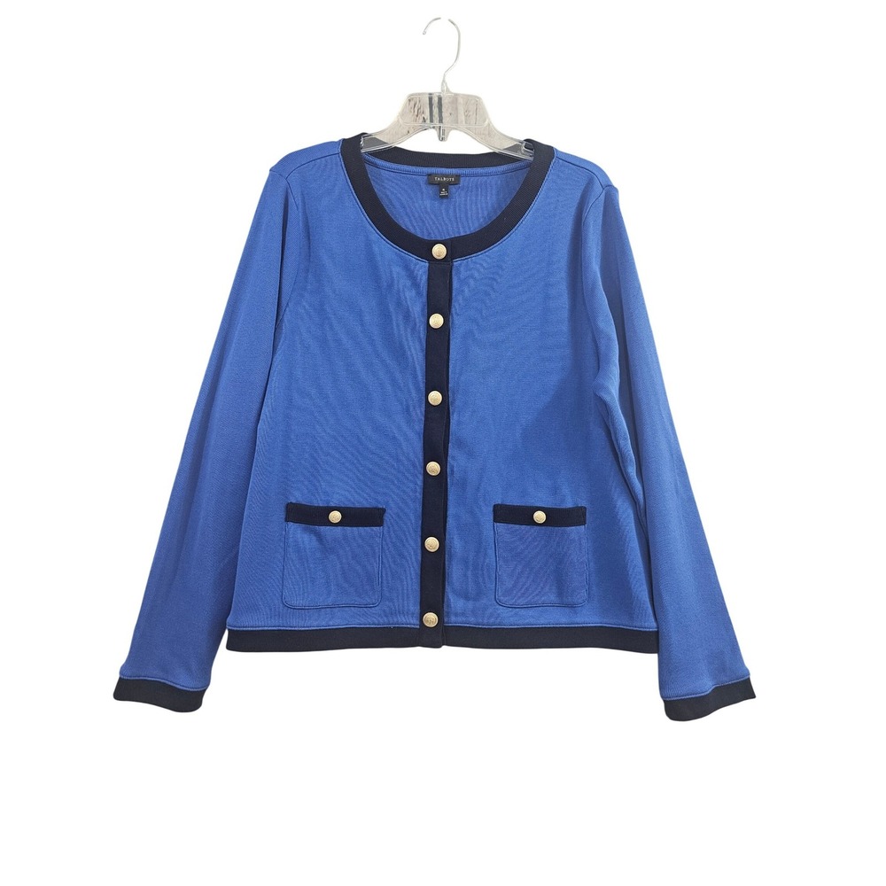 Talbots Cardigan Womens M Blue Solid Gold Button Contrast Trim Lady Jacket Knit